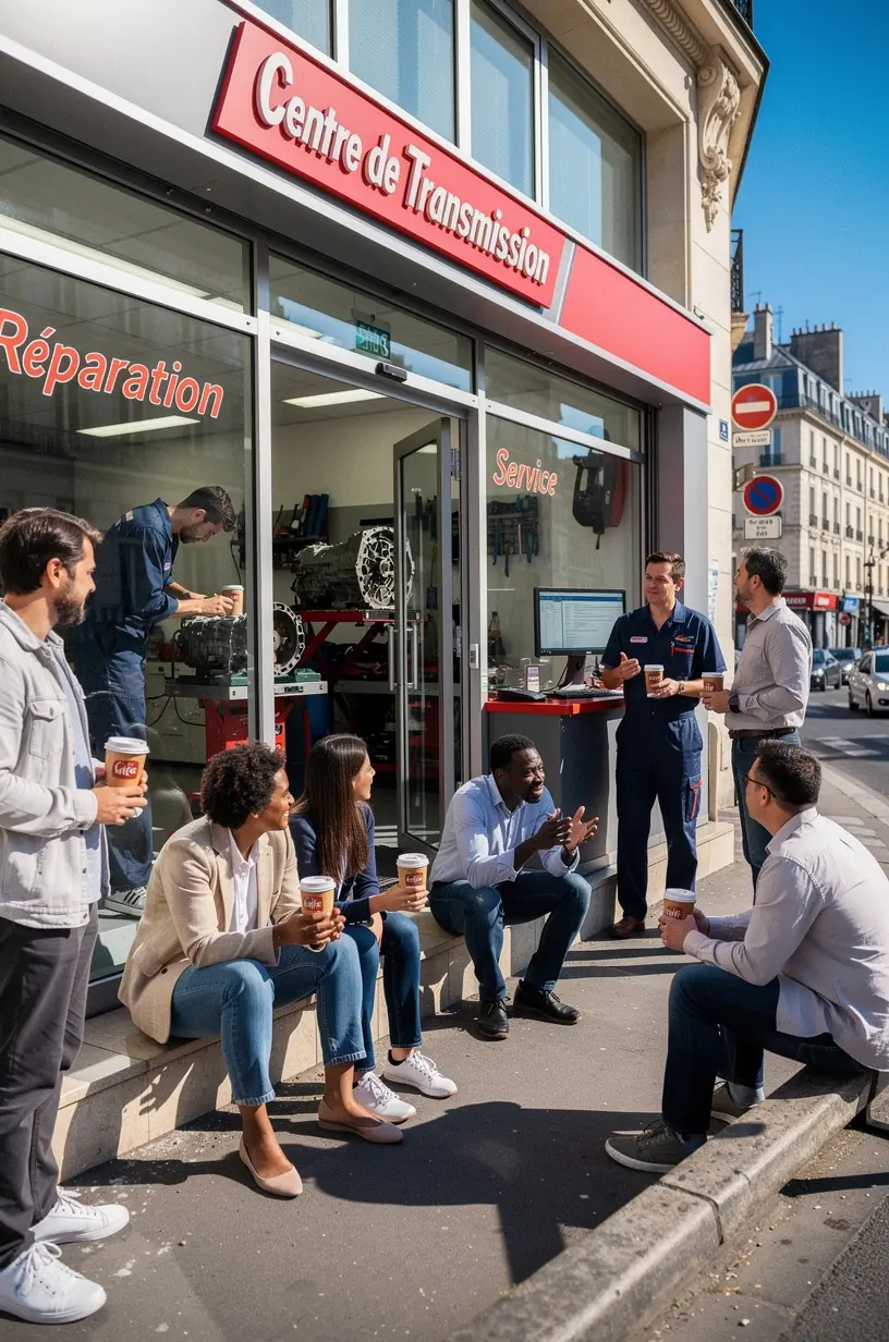 Remplacement précis d’une boîte de vitesses dans un véhicule en atelier de réparation