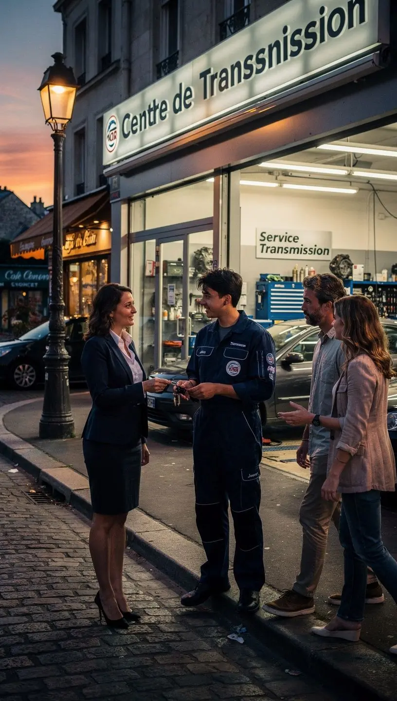 Client discutant avec un expert en transmission automobile pour conseils et solutions personnalisées