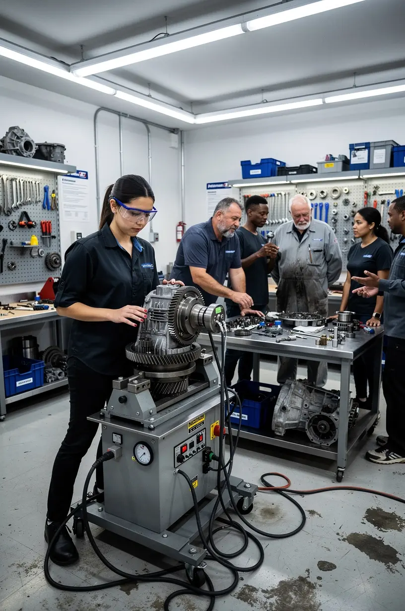 Mécanicien expérimenté réparant une transmission automobile avec des outils spécialisés